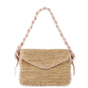 Pamela Munson Las Olas Raffia Shoulder Bag Pink Ribbon Strap Purse Straw